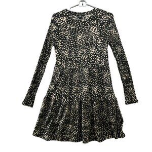 River Island Knit Long Sleeve Dress Size 8 Ribbed Tiered Leopard Print Black